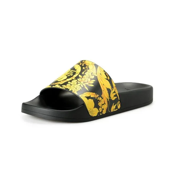 Versace Black Floral Leather Slides Flip Flops Versace Men main image 3